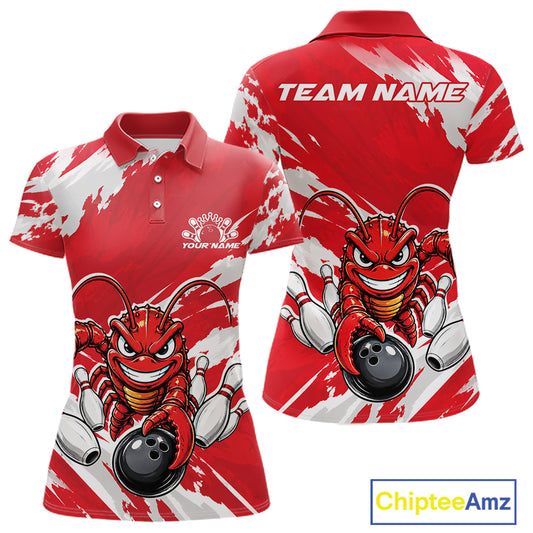 Front and back views of a red custom women's bowling polo shirt featuring a fierce yet funny crawfish bowling character and a distressed background design.
