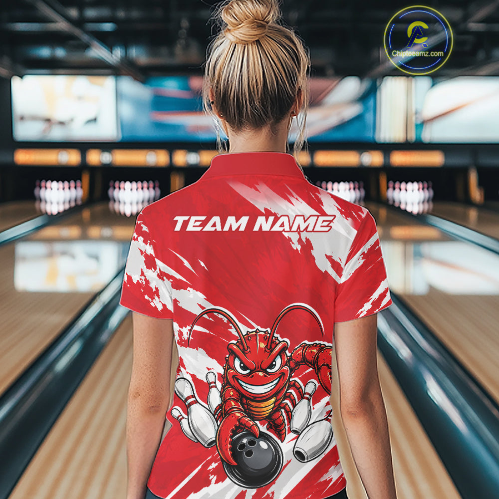 Back view of a female model in a bowling alley wearing a red custom bowling polo shirt with an aggressive crawfish bowling design and a distressed background.