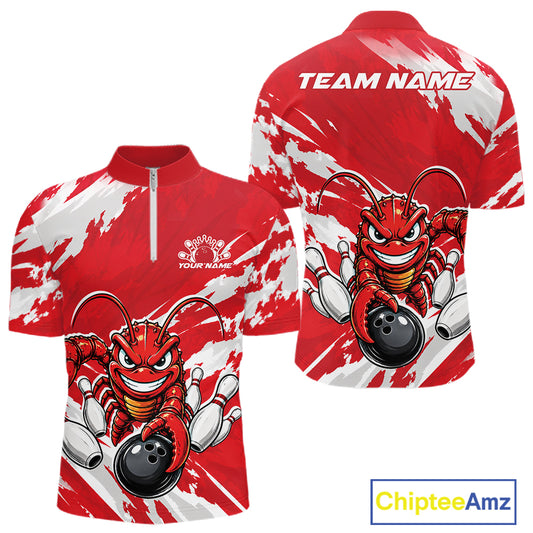 Front and back views of a red custom quarter zip bowling shirt featuring an aggressive crawfish bowling design with a distressed background.
