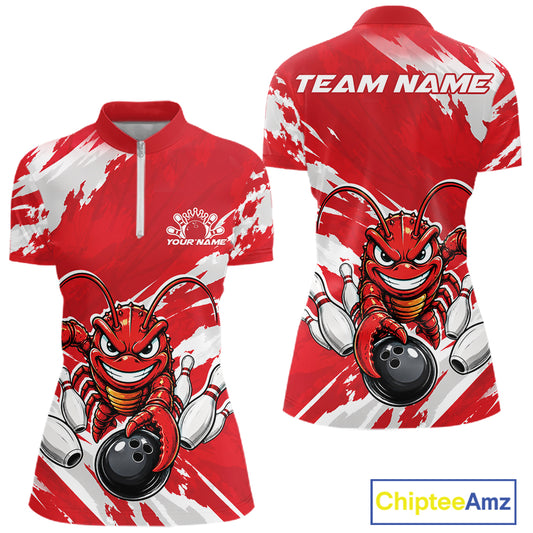 Front and back views of a red custom women's quarter zip bowling shirt featuring an aggressive crawfish bowling design with a distressed background.