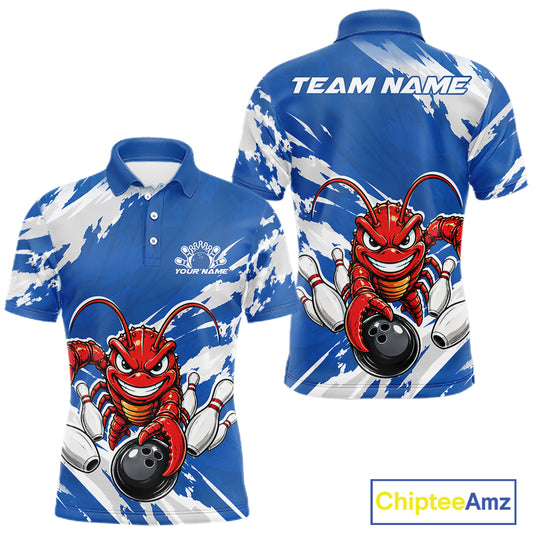 Front and back views of a blue custom men's bowling polo shirt featuring an aggressive funny crawfish playing bowling with a distressed background design.