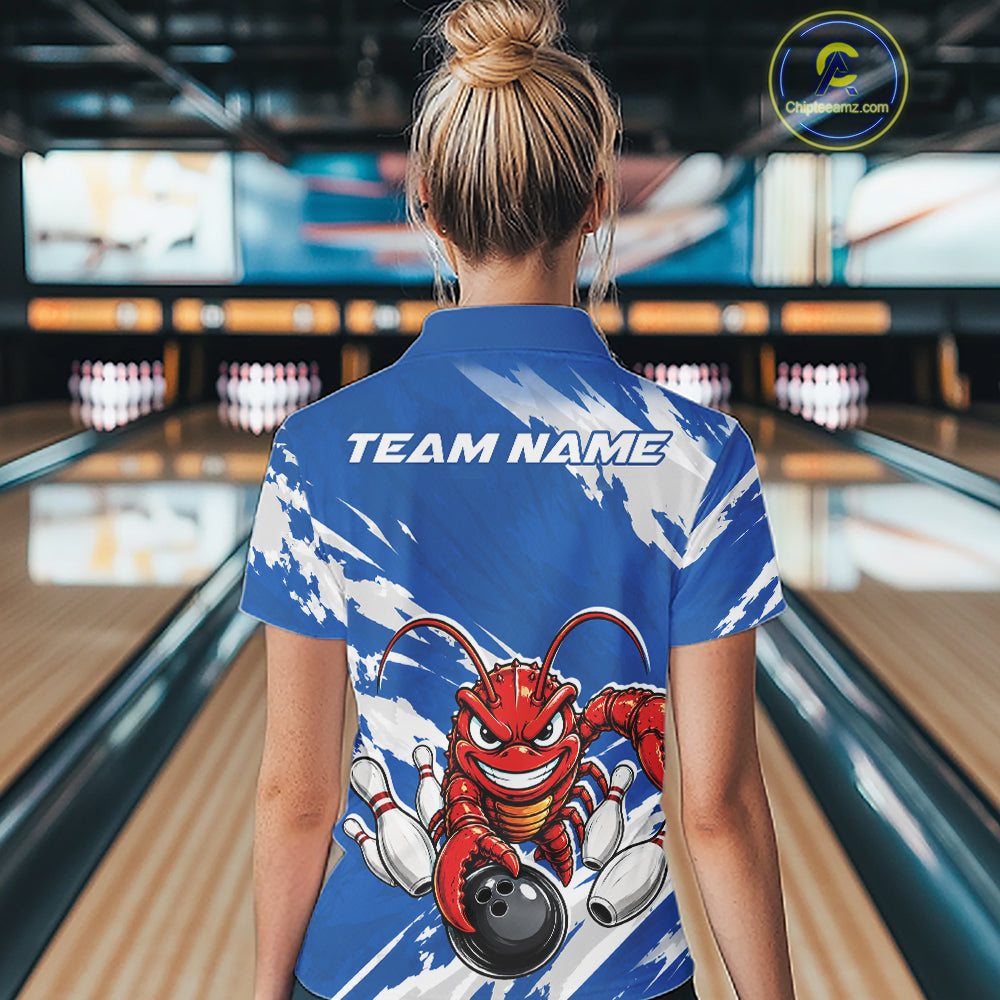 Back view of a female model in a bowling alley wearing a blue custom bowling polo shirt with an aggressive crawfish bowling design and a distressed background.
