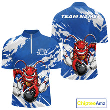 Load image into Gallery viewer, Front and back views of a blue custom quarter zip bowling shirt featuring an aggressive crawfish bowling design with a distressed background.