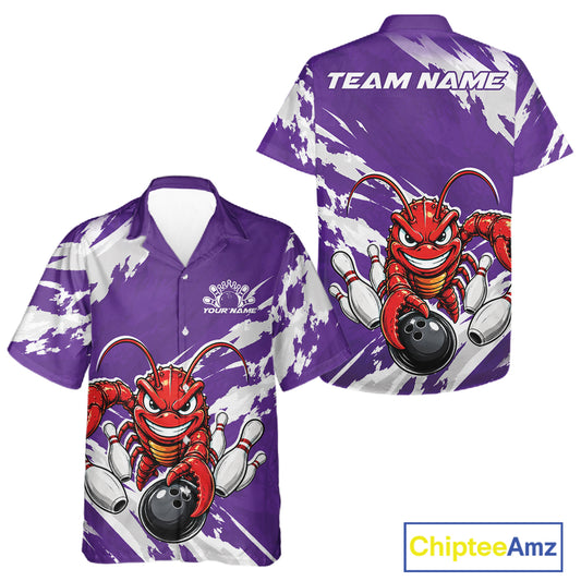 Front and back views of a purple custom bowling button up shirt featuring an aggressive funny crawfish playing bowling with a distressed background design.