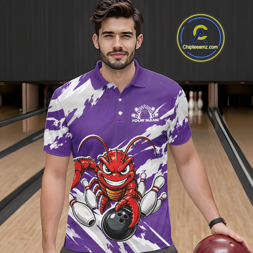 Front view of a male model in a bowling alley wearing a purple custom bowling polo shirt with a fierce yet funny crawfish bowling character and a distressed background design.