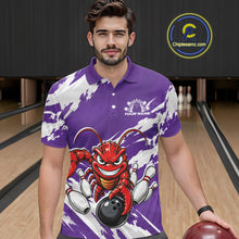 Load image into Gallery viewer, Front view of a male model in a bowling alley wearing a purple custom bowling polo shirt with a fierce yet funny crawfish bowling character and a distressed background design.