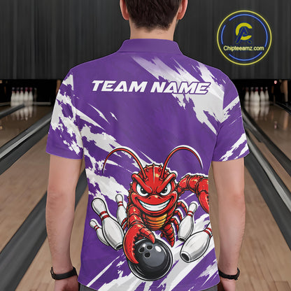 Back view of a male model in a bowling alley wearing a purple custom bowling polo shirt with a fierce yet funny crawfish bowling character and a distressed background design.