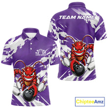 Load image into Gallery viewer, Front and back views of a purple custom men's bowling polo shirt featuring an aggressive funny crawfish playing bowling with a distressed background design.
