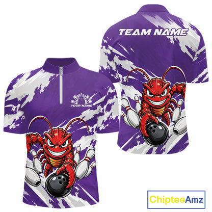 Front and back views of a purple custom quarter zip bowling shirt featuring an aggressive crawfish bowling design with a distressed background.