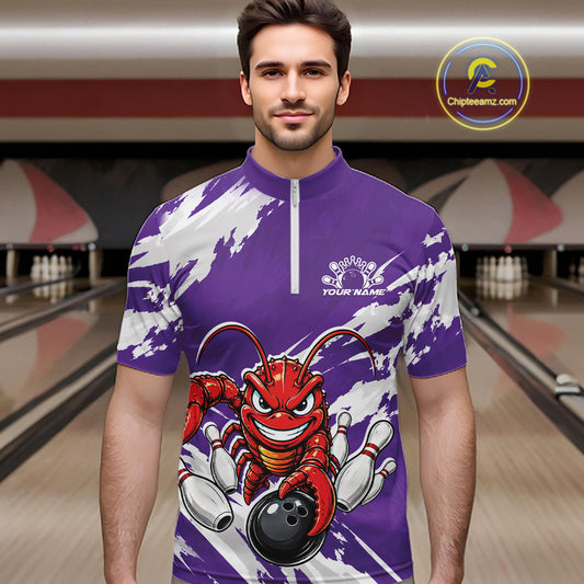 Front view of a male model in a bowling alley wearing a purple custom quarter zip bowling shirt with an aggressive crawfish bowling design and a distressed background.