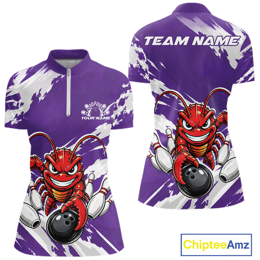 Front and back views of a purple custom women's quarter zip bowling shirt featuring an aggressive crawfish bowling design with a distressed background.