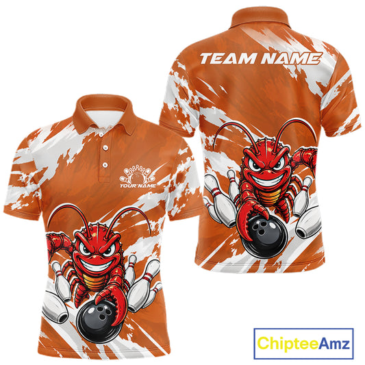 Front and back views of an orange custom men's bowling polo shirt featuring an aggressive funny crawfish playing bowling with a distressed background design.