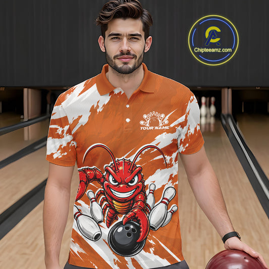 Front view of a male model in a bowling alley wearing an orange custom bowling polo shirt with a fierce yet funny crawfish bowling character and a distressed background design.