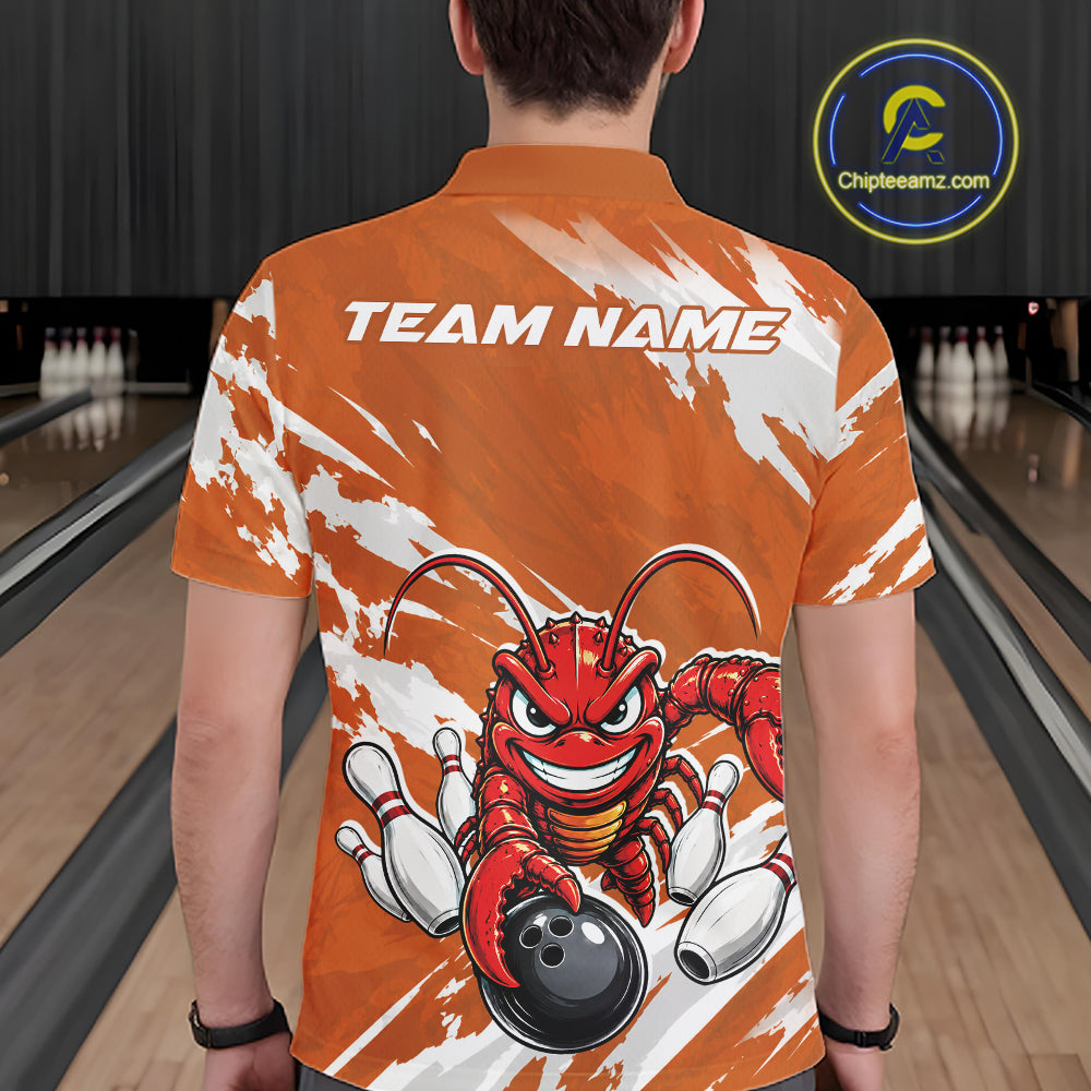 Back view of a male model in a bowling alley wearing an orange custom bowling polo shirt with a fierce yet funny crawfish bowling character and a distressed background design.
