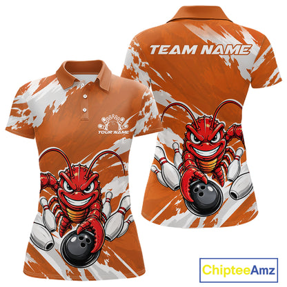 Front and back views of an orange custom women's bowling polo shirt featuring a fierce yet funny crawfish bowling character and a distressed background design.