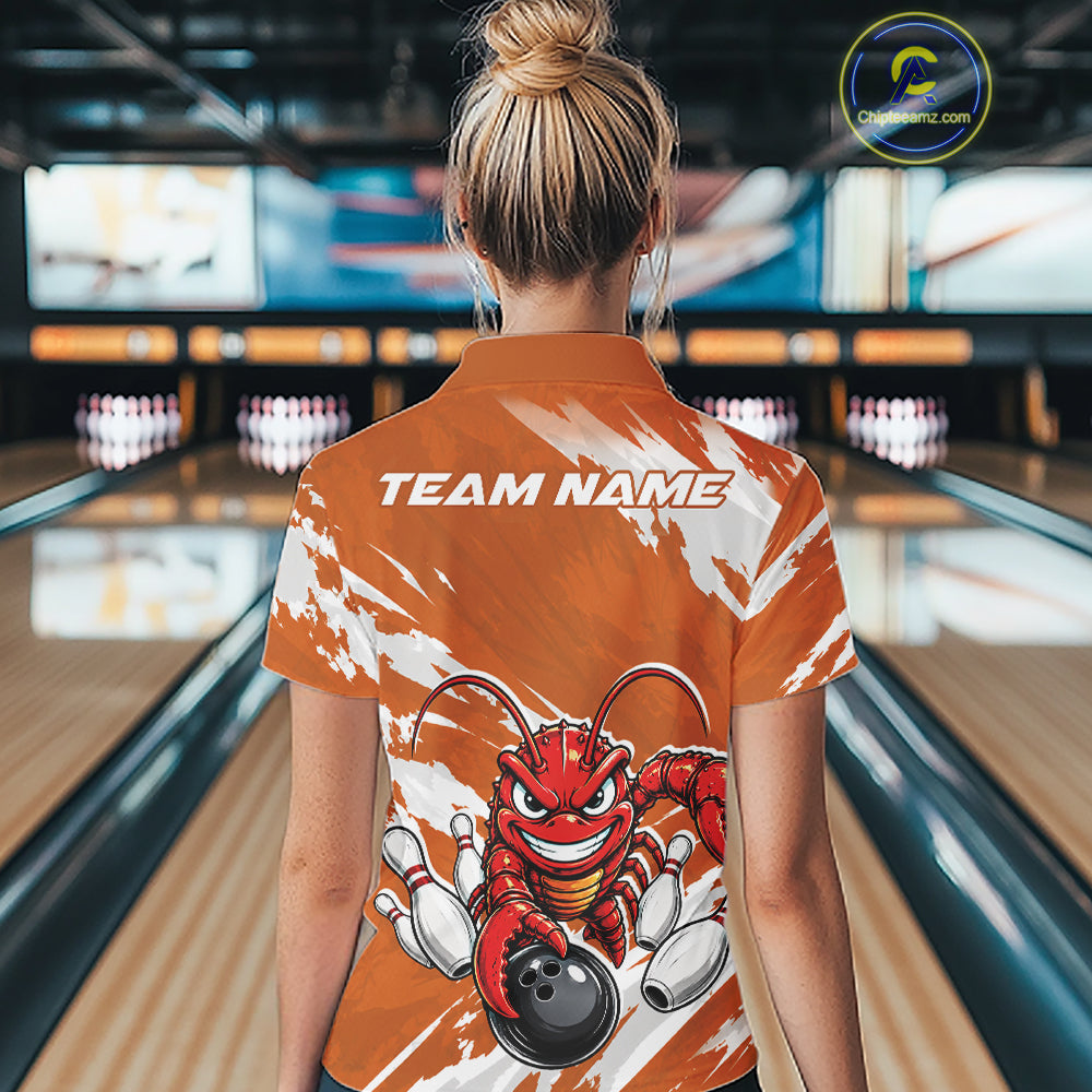 Back view of a female model in a bowling alley wearing an orange custom bowling polo shirt with an aggressive crawfish bowling design and a distressed background.