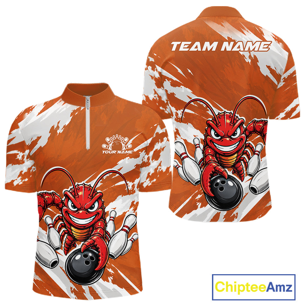 Front and back views of an orange custom quarter zip bowling shirt featuring an aggressive crawfish bowling design with a distressed background.