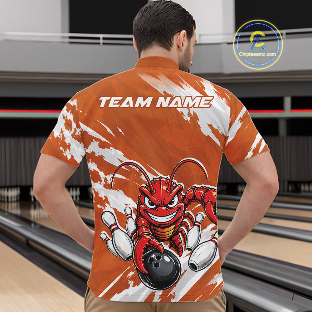 Back view of a male model in a bowling alley wearing an orange custom quarter zip bowling shirt with an aggressive crawfish bowling design and a distressed background.