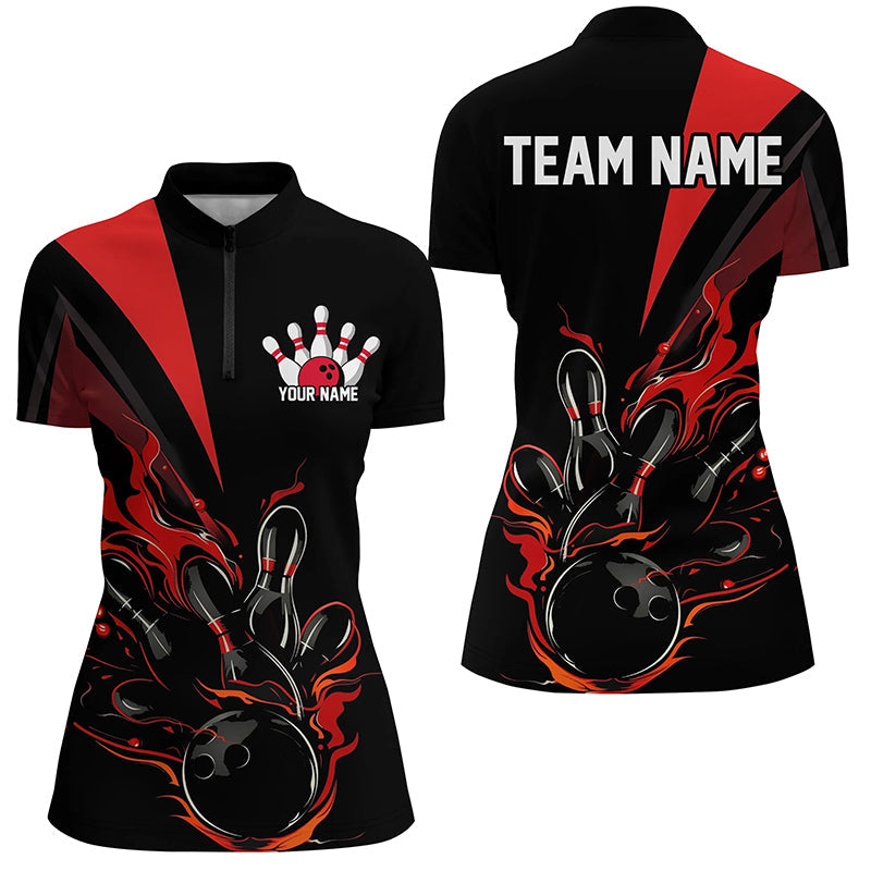 Custom Black And Red Flame Bowling Shirts For Women, Bowling League Shirts Team Jerseys IPHW7324