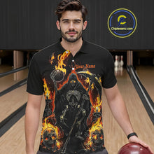 Load image into Gallery viewer, Grim Reaper Custom Flame Bowling Shirts For Men, Black And Fiery Halloween Bowling Outfits IPHW7631