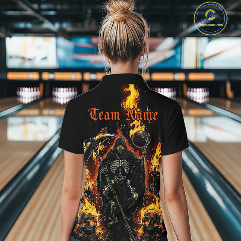 Grim Reaper Custom Flame Ladies Bowling Shirts, Black And Fiery Halloween Bowling Outfits IPHW7631