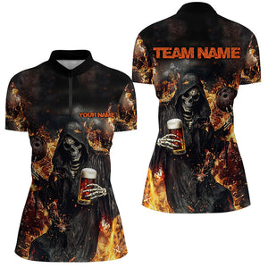 Bowling And Beer Custom Skull Bowling Shirts For Women, Gothic Halloween Style Outfits IPHW7632