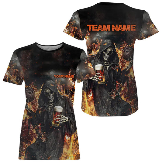 Bowling And Beer Custom Skull Bowling T-Shirts For Women, Gothic Halloween Style Outfits IPHW7632