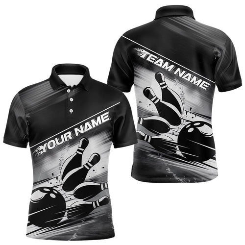 Custom Black And White Vintage Bowling Polo Shirts For Men, Bowling Team Polo Shirts IPHW8040