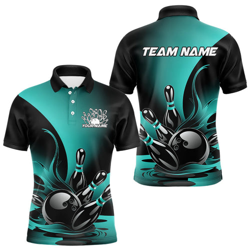 Custom Blue And Black Flame Bowling Polo Shirts For Men, Bowling League Shirt Bowler Outfit IPHW8047