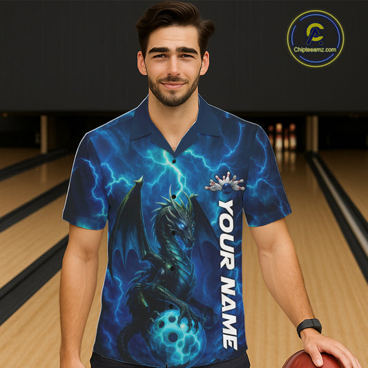 Custom Blue Thunder Lightning Bowling Team Men And Women Hawaiian Shirt, Dragon Bowling Jerseys IPHW10194