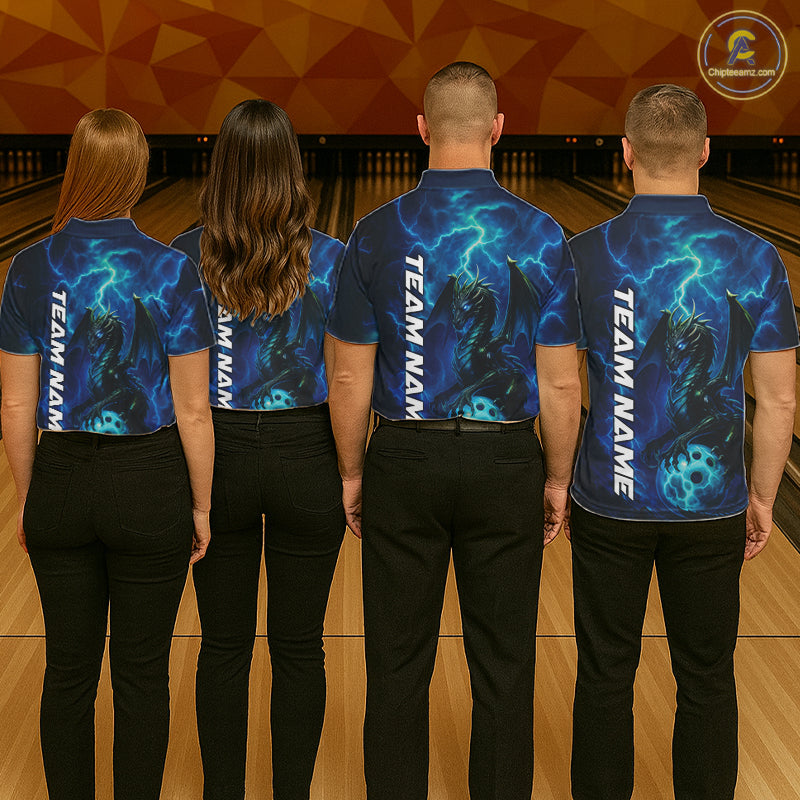 Custom Blue Thunder Lightning Bowling Team Men Polo Shirt, Dragon Bowling Jerseys IPHW10194