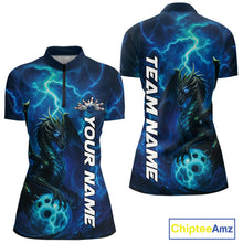 Load image into Gallery viewer, Custom Blue Thunder Lightning Bowling Team Women Shirt, Dragon Bowling Jerseys IPHW10194