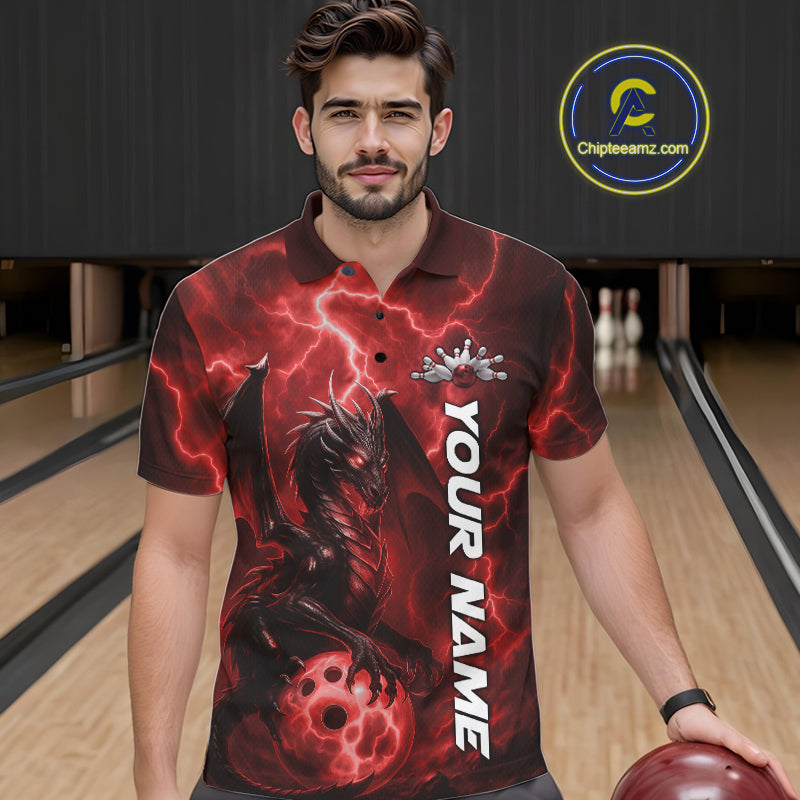 Custom Red Thunder Lightning Bowling Team Men Polo Shirt, Dragon Bowling Jerseys IPHW10195
