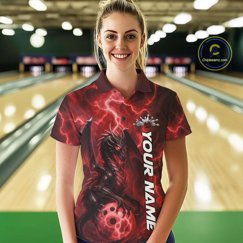 Custom Red Thunder Lightning Bowling Team Women Polo Shirt, Dragon Bowling Jerseys IPHW10195
