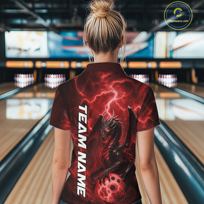 Custom Red Thunder Lightning Bowling Team Women Polo Shirt, Dragon Bowling Jerseys IPHW10195