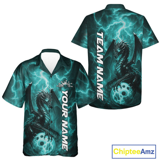 Custom Turquoise Blue Thunder Lightning Bowling Team Men And Women Hawaiian Shirt, Bowling Jerseys IPHW10196