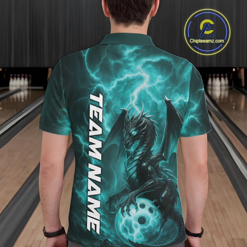 Custom Turquoise Blue Thunder Lightning Bowling Team Men Polo Shirt, Bowling Jerseys IPHW10196