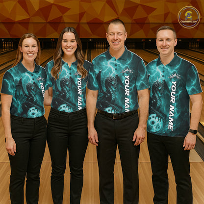 Custom Turquoise Blue Thunder Lightning Bowling Team Men Polo Shirt, Bowling Jerseys IPHW10196