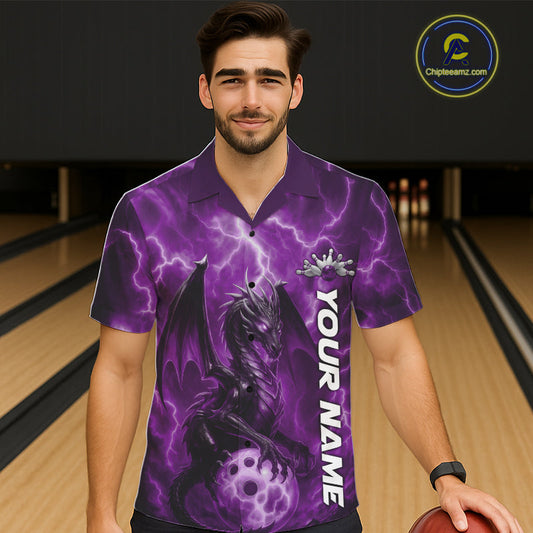 Custom Purple Thunder Lightning Bowling Team Men And Women Hawaiian Shirt, Dragon Bowling Jerseys IPHW10197