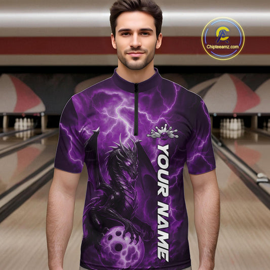 Custom Purple Thunder Lightning Bowling Team Men Quarter-Zip Shirt, Dragon Bowling Jerseys IPHW10197