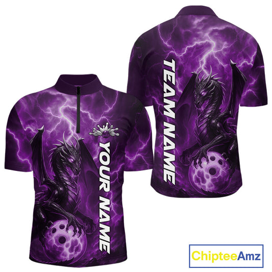 Custom Purple Thunder Lightning Bowling Team Men Quarter-Zip Shirt, Dragon Bowling Jerseys IPHW10197