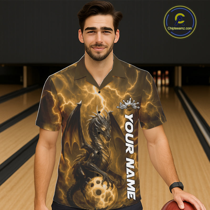 Custom Yellow Thunder Lightning Bowling Team Men And Women Hawaiian Shirt, Dragon Bowling Jerseys IPHW10198