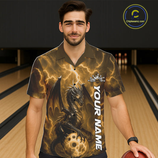 Custom Yellow Thunder Lightning Bowling Team Men And Women Hawaiian Shirt, Dragon Bowling Jerseys IPHW10198