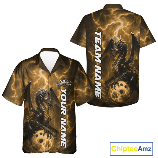 Custom Yellow Thunder Lightning Bowling Team Men And Women Hawaiian Shirt, Dragon Bowling Jerseys IPHW10198