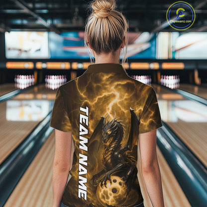 Custom Yellow Thunder Lightning Bowling Team Women Polo Shirt, Dragon Bowling Jerseys IPHW10198