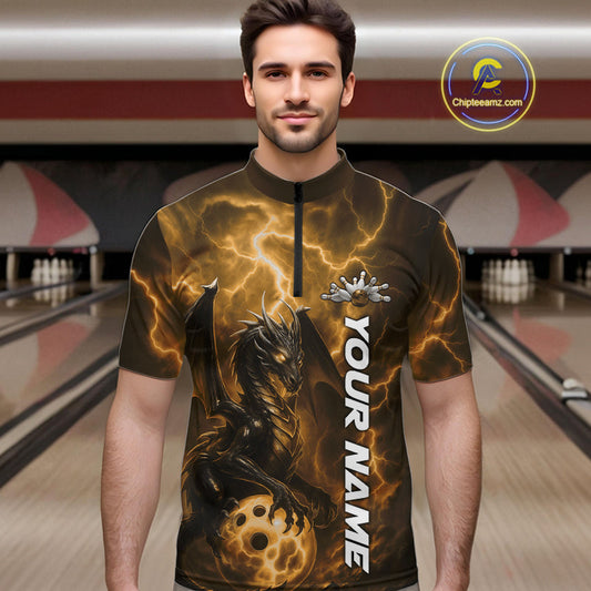 Custom Yellow Thunder Lightning Bowling Team Men Quarter-Zip Shirt, Dragon Bowling Jerseys IPHW10198