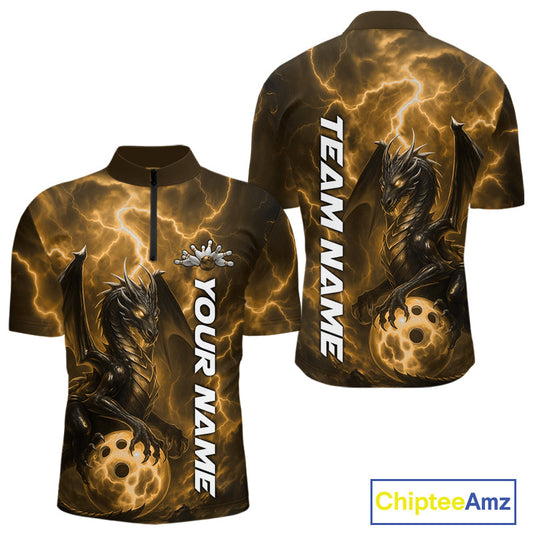Custom Yellow Thunder Lightning Bowling Team Men Quarter-Zip Shirt, Dragon Bowling Jerseys IPHW10198
