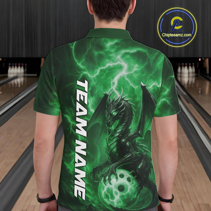 Custom Green Thunder Lightning Bowling Team Men Polo Shirt, Dragon Bowling Jerseys IPHW10199