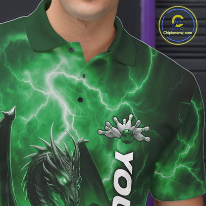 Custom Green Thunder Lightning Bowling Team Men Polo Shirt, Dragon Bowling Jerseys IPHW10199