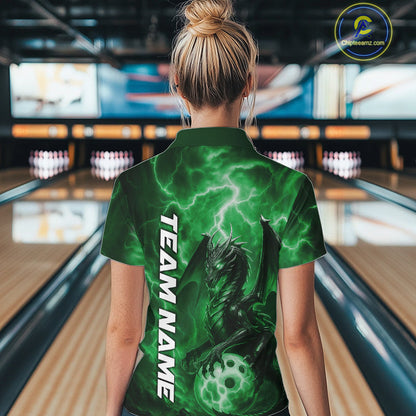 Custom Green Thunder Lightning Bowling Team Women Polo Shirt, Dragon Bowling Jerseys IPHW10199